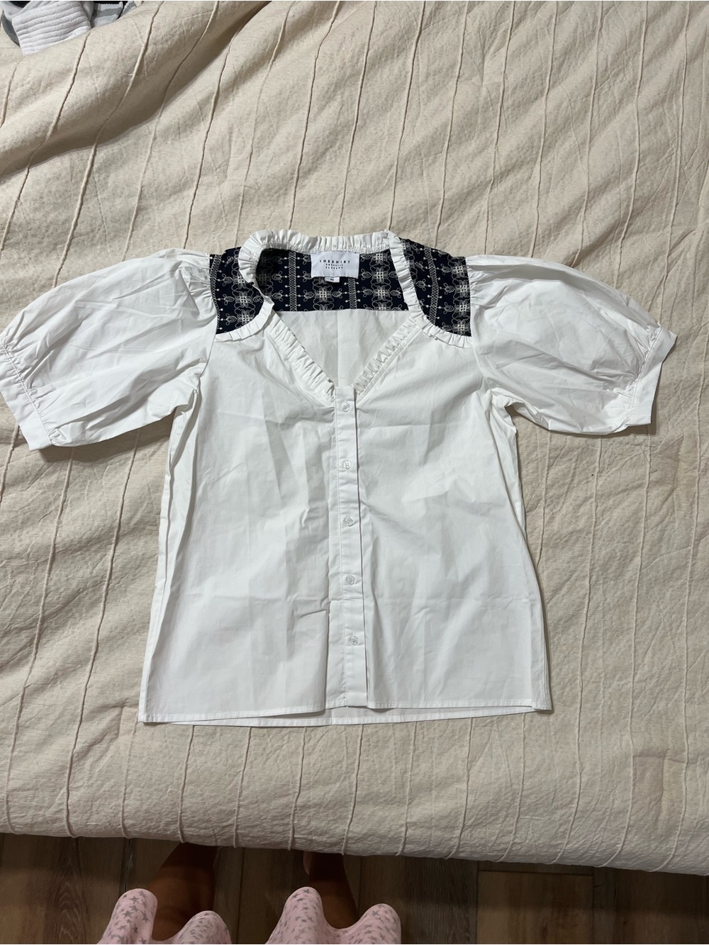 The Shirt by Rochelle Behrens White Button-Down Top with Navy Yoke embroidery